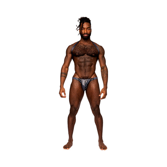 Male Power S'naked Shoulder Sling Harness Thong One-Piece Black/Blue L/XL