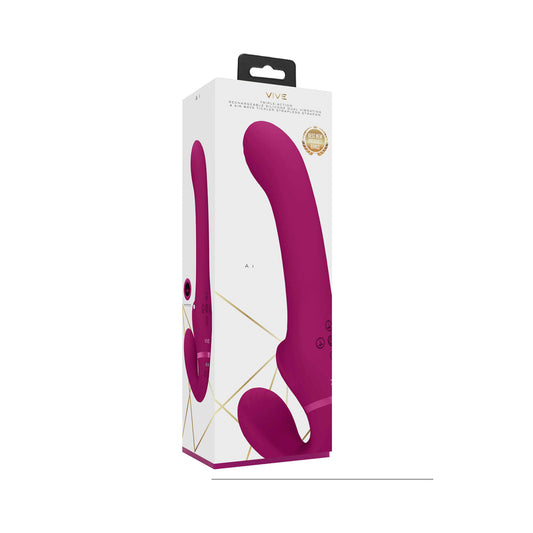 VIVE AI Rechargeable Dual Vibrating & Air Wave Tickler Silicone Strapless Strapon Pink