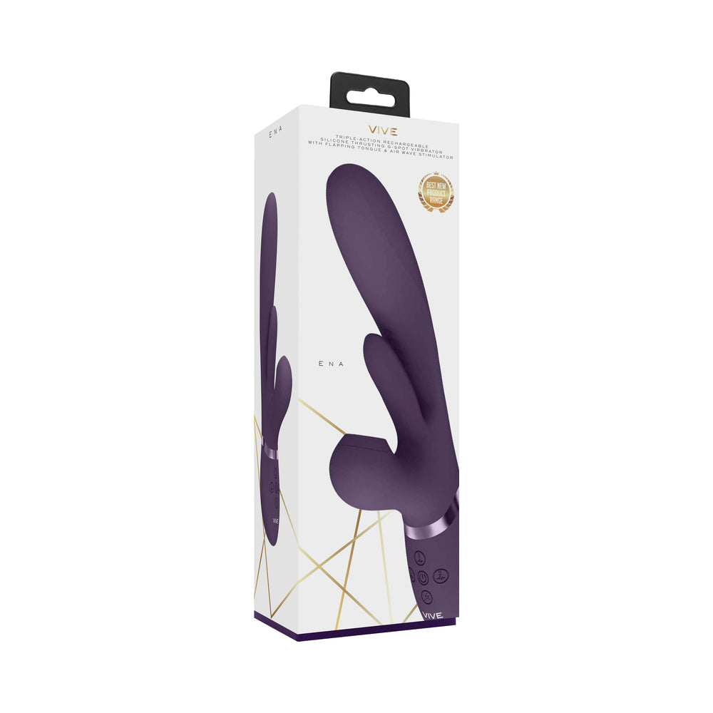 VIVE ENA Rechargeable Thrusting Silicone G-Spot Vibrator with Flapping Tongue and Air Wave Stimulator Purple