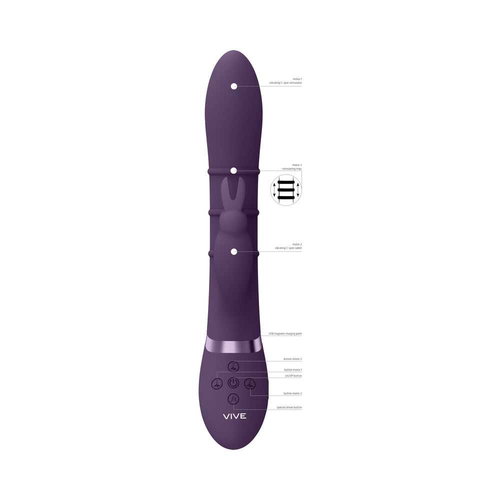 Vibrador de silicona recargable para punto G con anillos estimulantes hacia arriba y hacia abajo VIVE SORA, morado