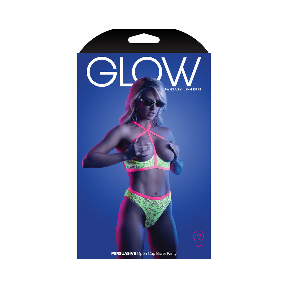 Fantasy Lingerie Glow Persuasive Open Cup Cage Bra & Panty Neon Green L/XL