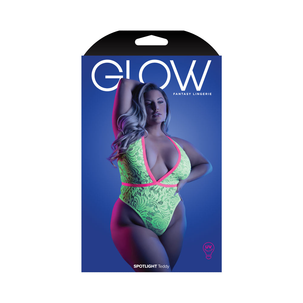 Fantasy Lingerie Glow Spotlight Contrast Elastic Lace Teddy with Snap Closure Neon Green Queen Size