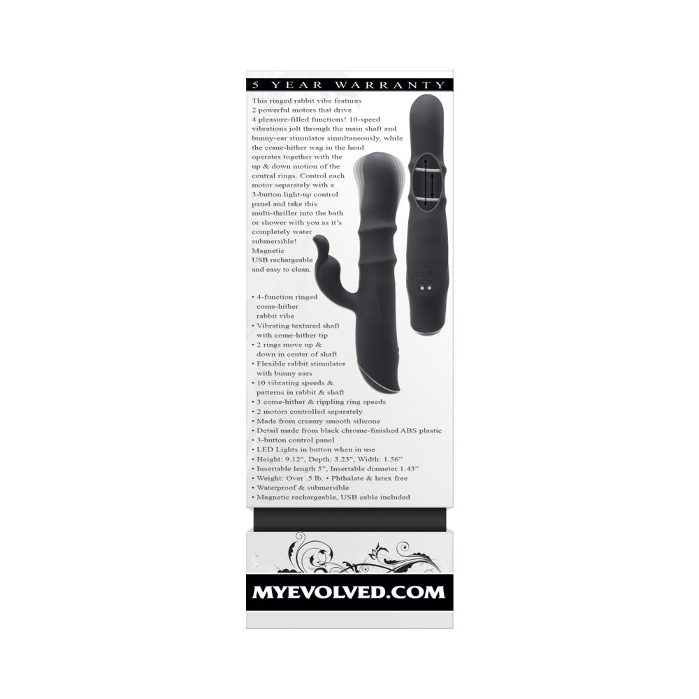 Vibrador de silicona recargable de doble estimulación Ringmaster de Evolved, color negro