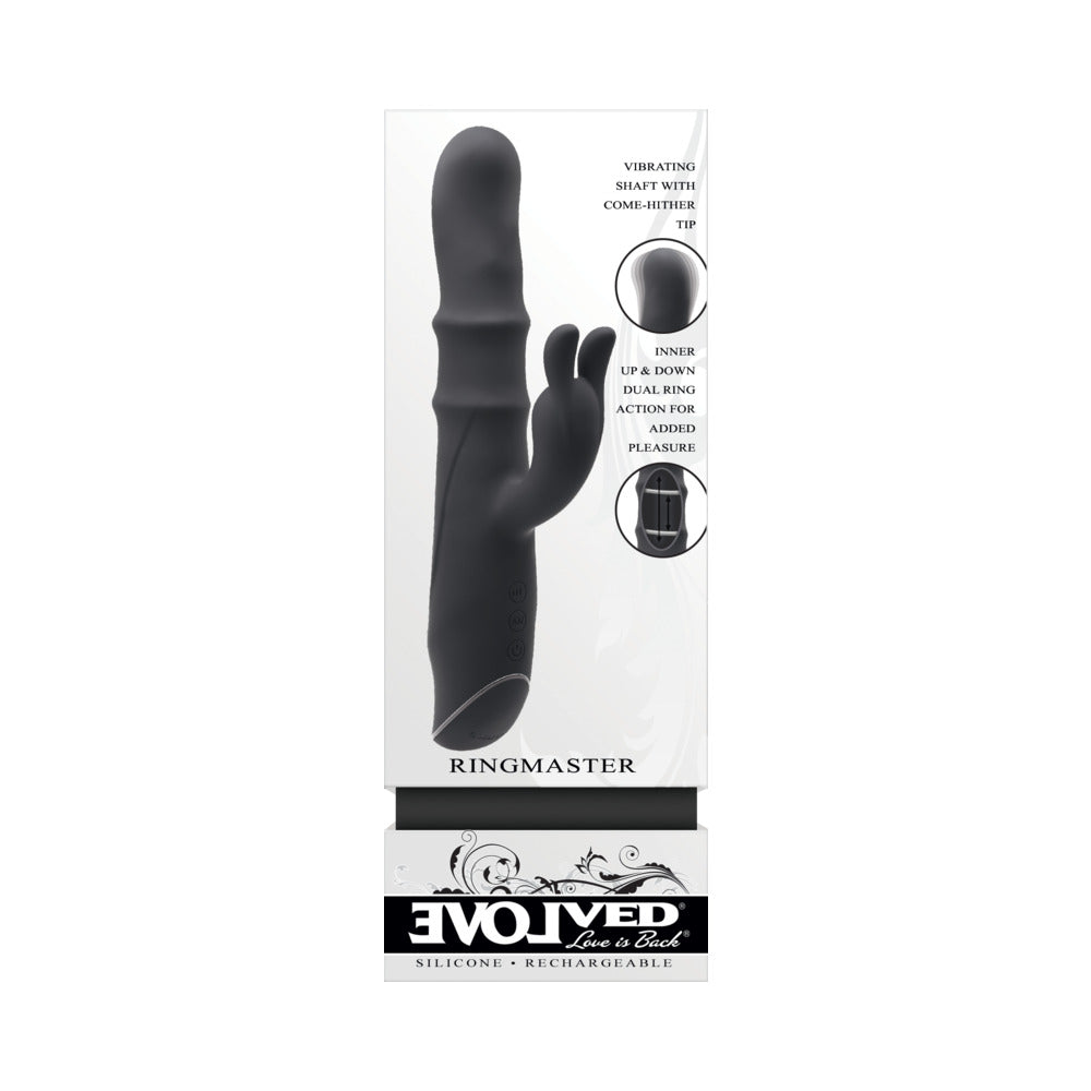 Vibrador de silicona recargable de doble estimulación Ringmaster de Evolved, color negro