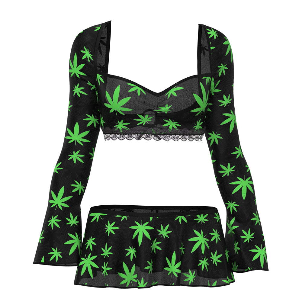 MS Hazy Dayz CropTopSkirtG PotLeaf LXL