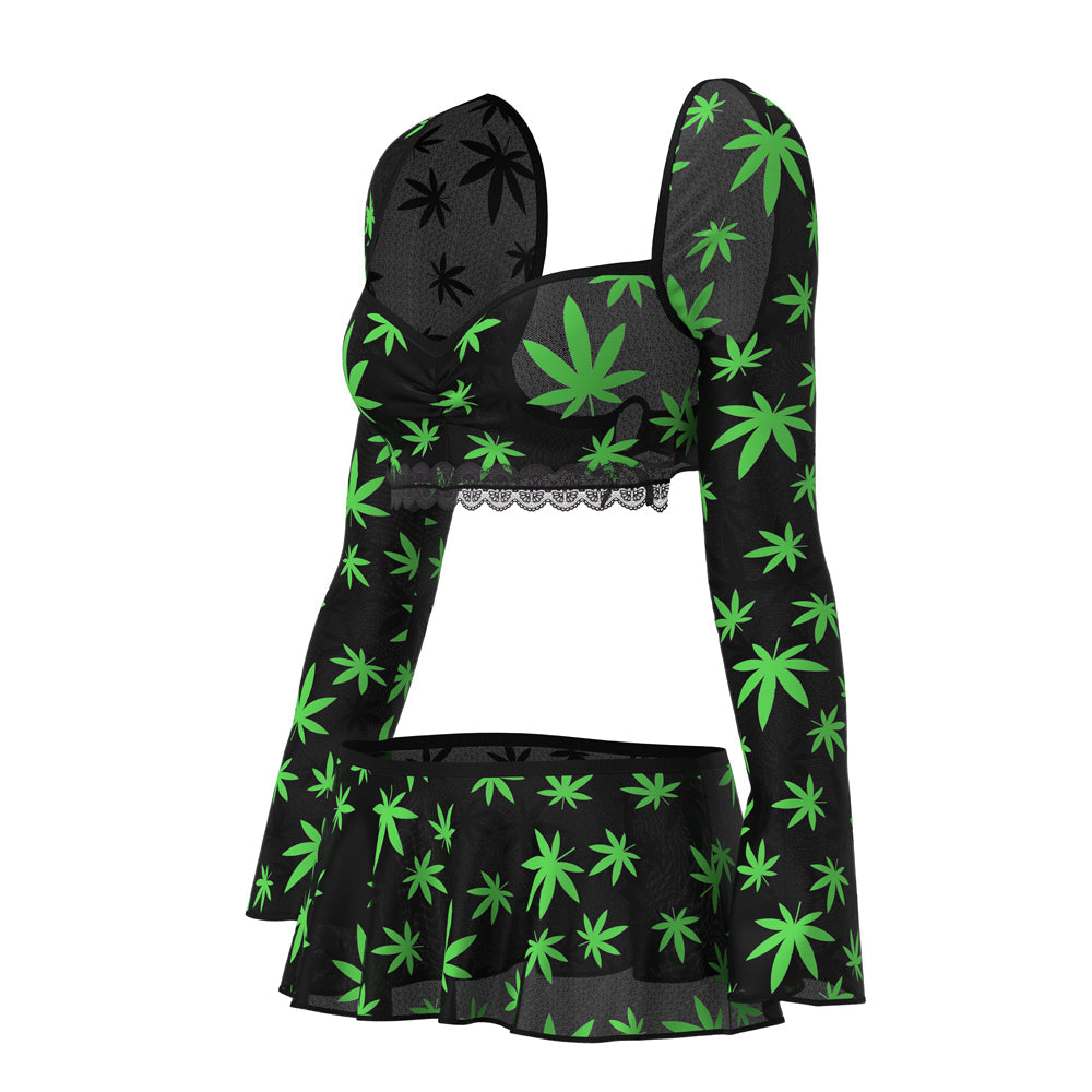 MS Hazy Dayz CropTopSkirtG PotLeaf LXL