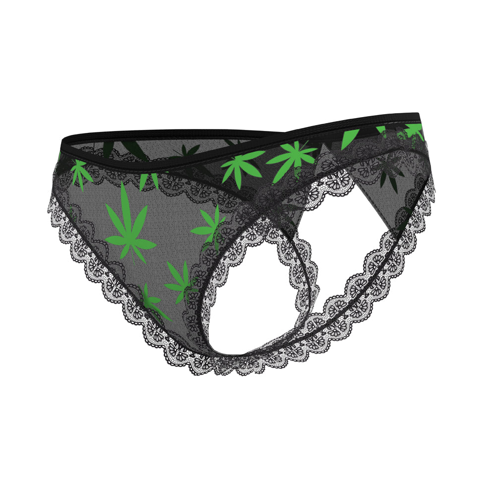 Magic Silk Hazy Dayz Crotchless Panty with Open Back Pot Leaf S/M