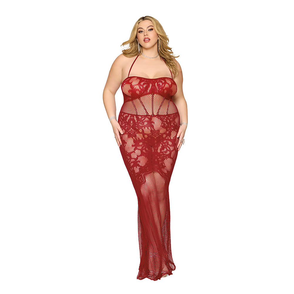 Body de encaje Dreamgirl con detalle de bustier en color sangre de buey, talla Queen