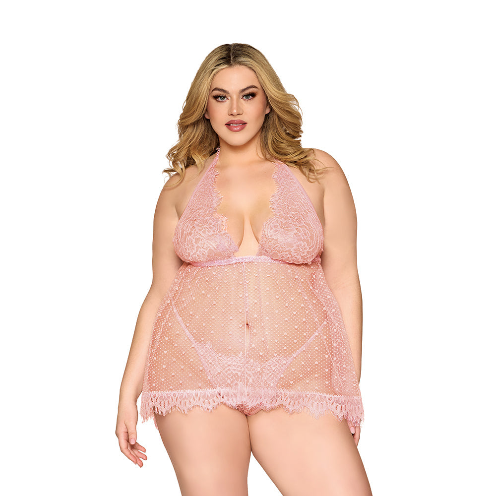 Dreamgirl Lace and Polka Dot Mesh Babydoll and G-String Rose Quartz 3XL