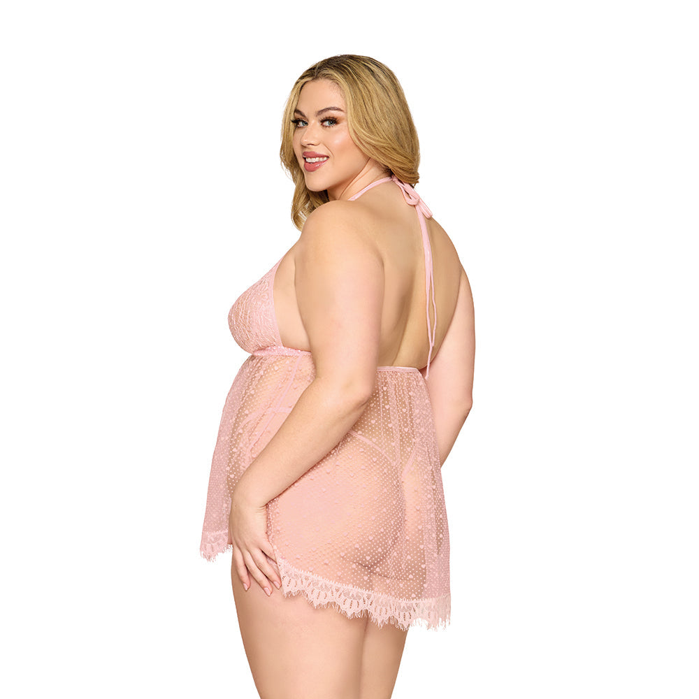 Babydoll y tanga de malla con lunares y encaje Dreamgirl en cuarzo rosa 3XL