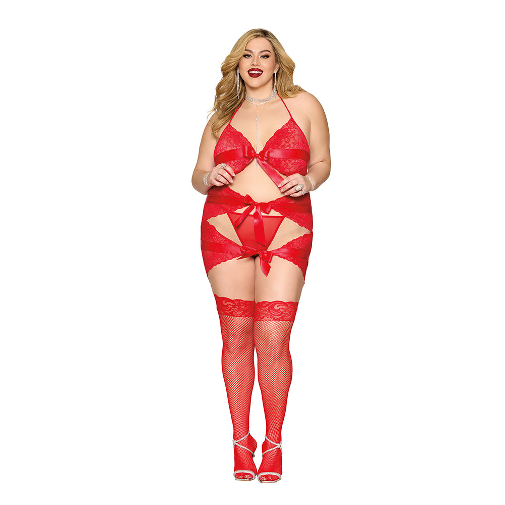 Conjunto de lencería con liga y tanga Dreamgirl en color rojo, talla Queen