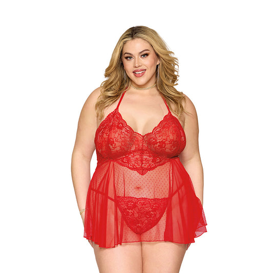 Babydoll de encaje y tanga Dreamgirl en talla Queen roja