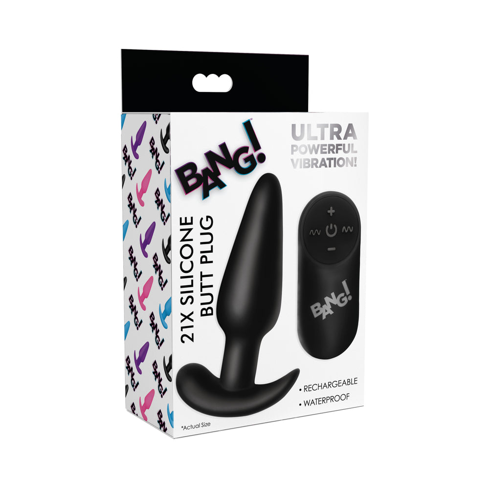 BANG! 21X Vibrating Silicone Butt Plug with Remote Control Black