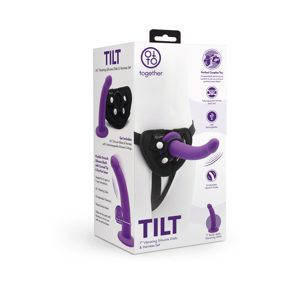 Together Tilt 6.5 in. Silicone Dildo and Harness Set Purple