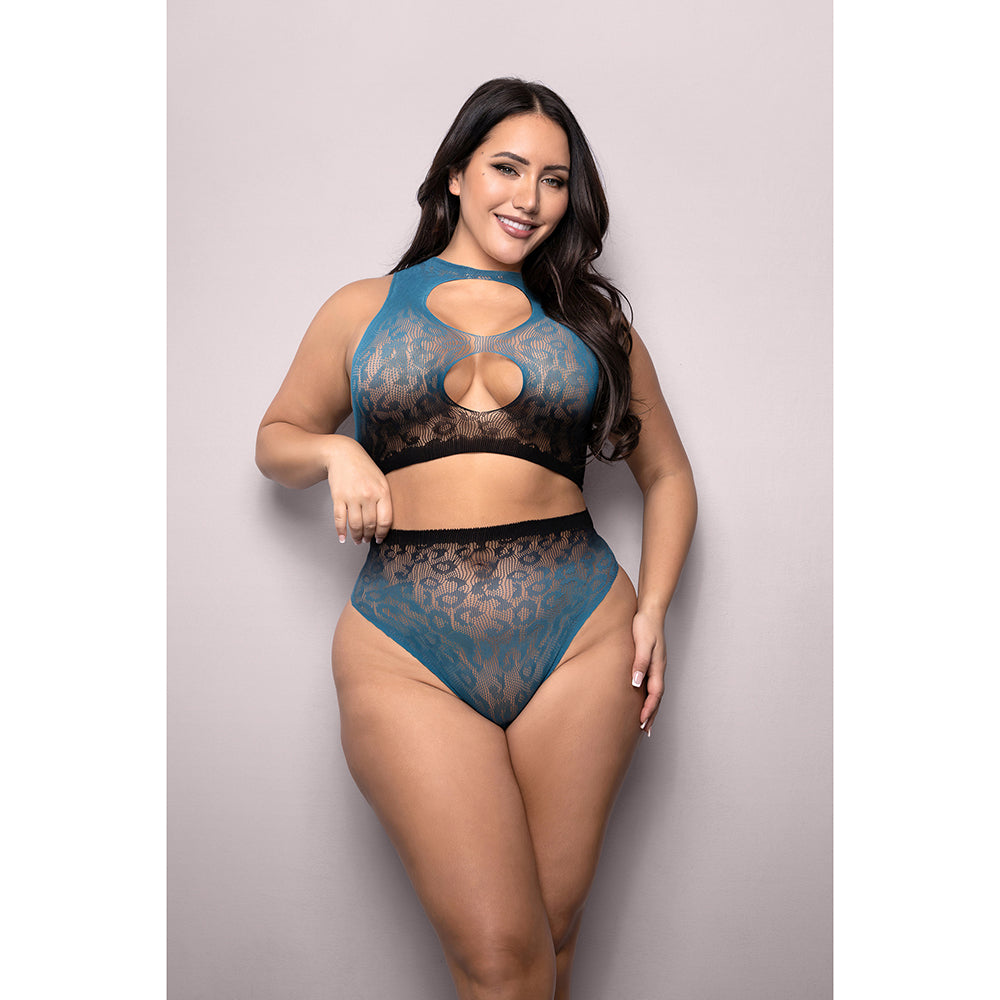 Fantasy Lingerie Vixen Deep Dive Ombré Leopard Knit Cut-Out Top & Panty Black/Blue Queen Size