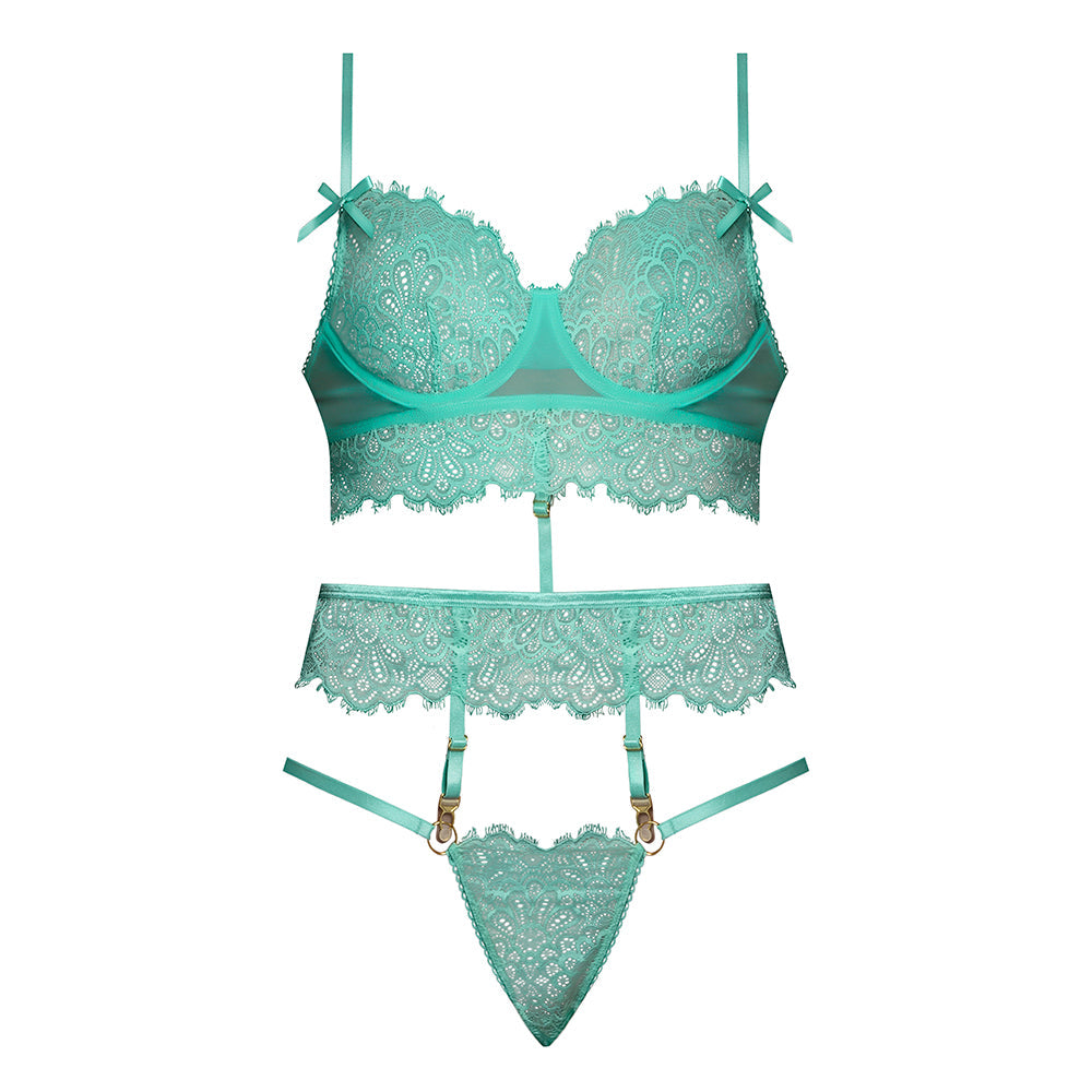 Magic Silk Caribbean Crush Demi Longline Bra & Panty with Flounce Aqua Glow Queen Size
