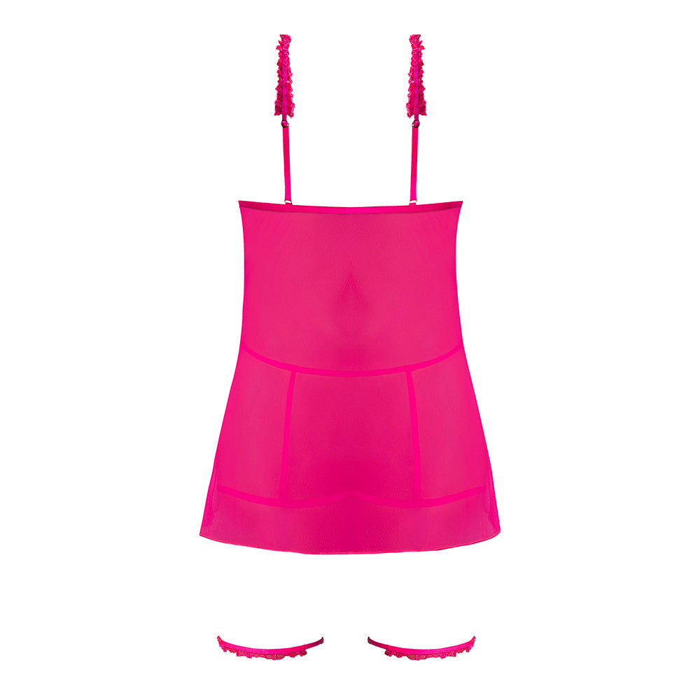 Magic Silk Pink Kink Cupless Babydoll, Harness Panty & Garter Cuffs Pink Glow L/XL