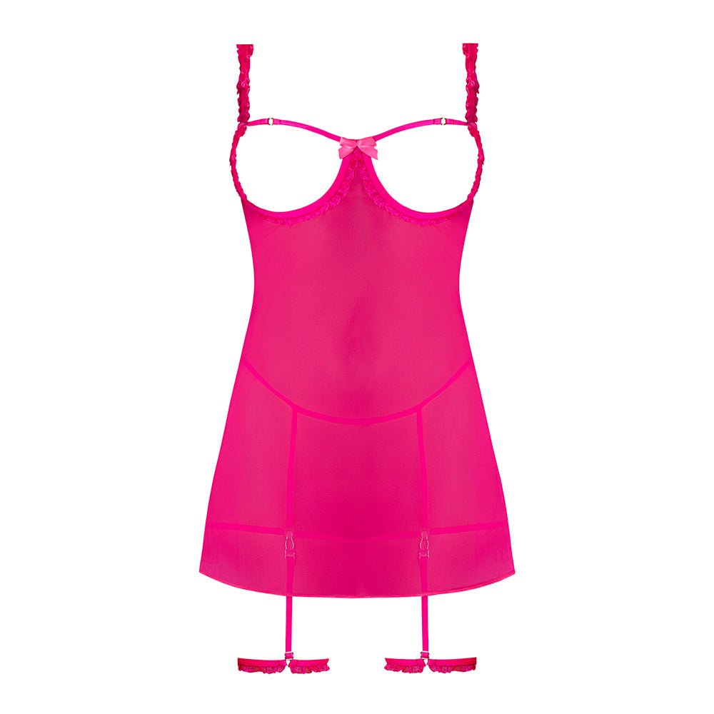 Magic Silk Pink Kink Cupless Babydoll, Harness Panty & Garter Cuffs Pink Glow Queen Size
