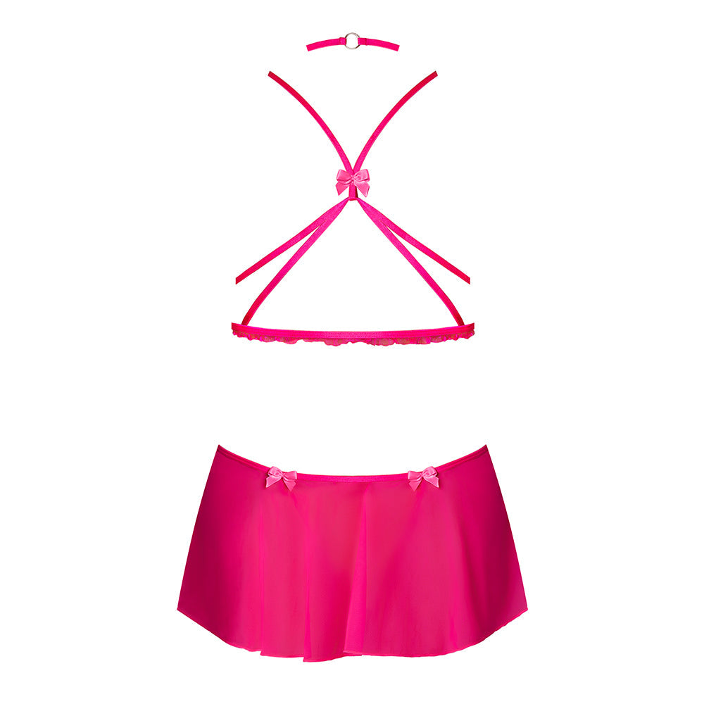 Magic Silk Pink Kink Harness Top, Open Crotch Skirt Panty & Choker Pink Glow S/M