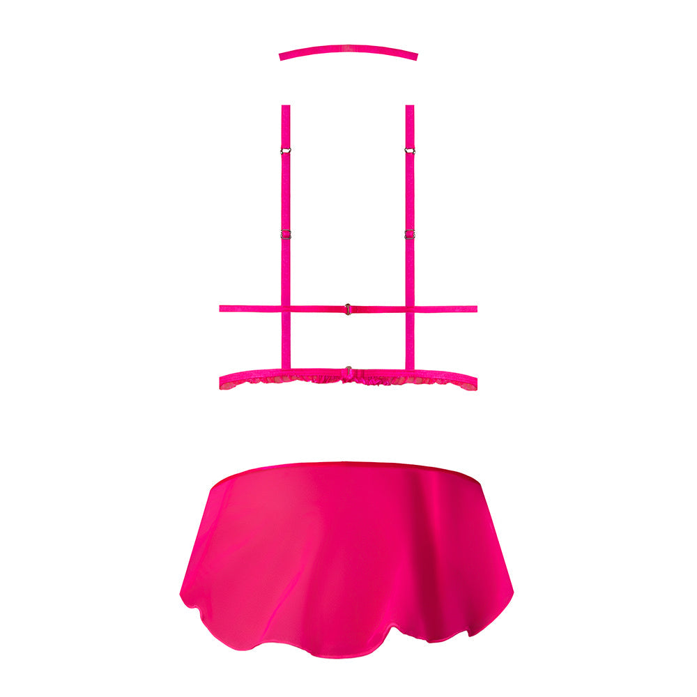 Magic Silk Pink Kink Harness Top, Open Crotch Skirt Panty & Choker Pink Glow L/XL