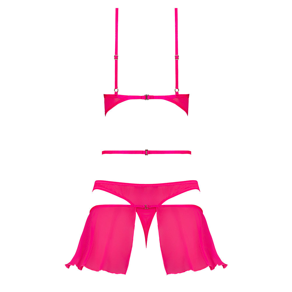 Magic Silk Pink Kink Bralette, High Leg Panty & Garter Skirt Set Pink Glow S/M