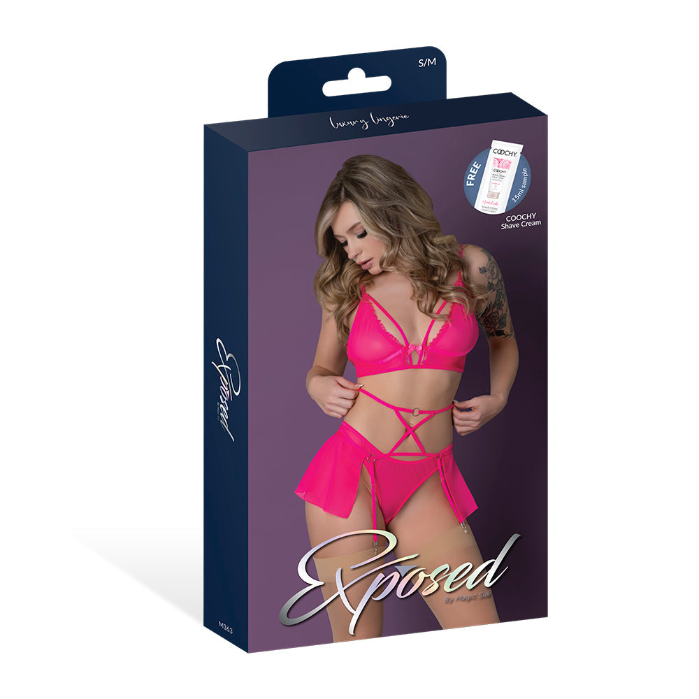 Magic Silk Pink Kink Bralette, High Leg Panty & Garter Skirt Set Pink Glow S/M