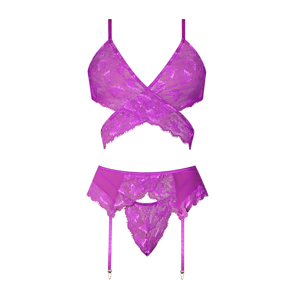Magic Silk Butterfly Fantasies Bra, Garter & Thong Set Neon Purple Queen Size