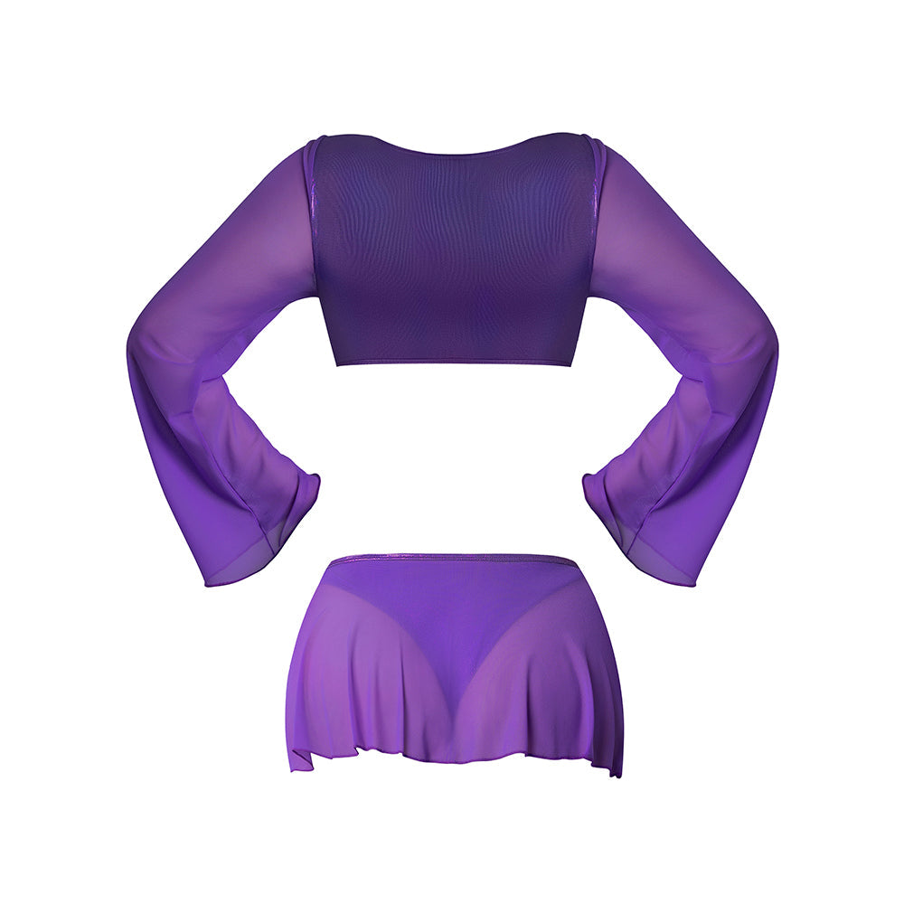 Magic Silk Glimmer LS Crop Top, Mini Skirt & Tie Side Thong Purple Disco S/M