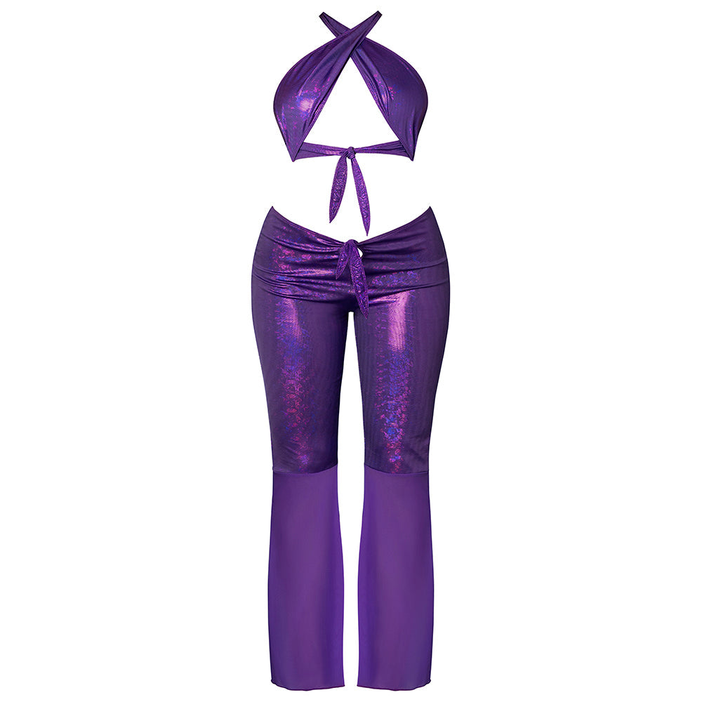Magic Silk Glimmer Wrap Halter & Flair Pant Set Purple Disco S/M