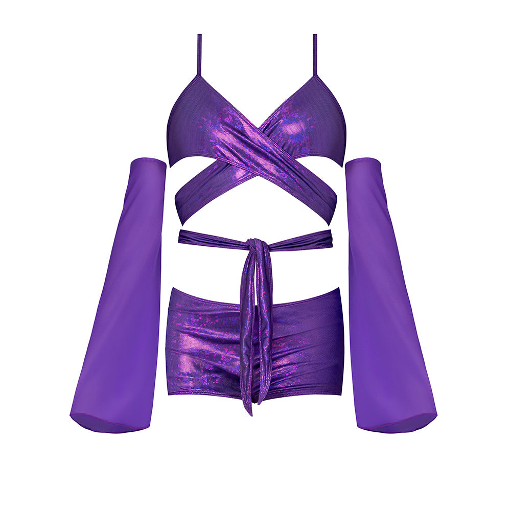 Magic Silk Glimmer Wrap Bralette, Booty Shorts & Sleeve Set Purple Disco L/XL