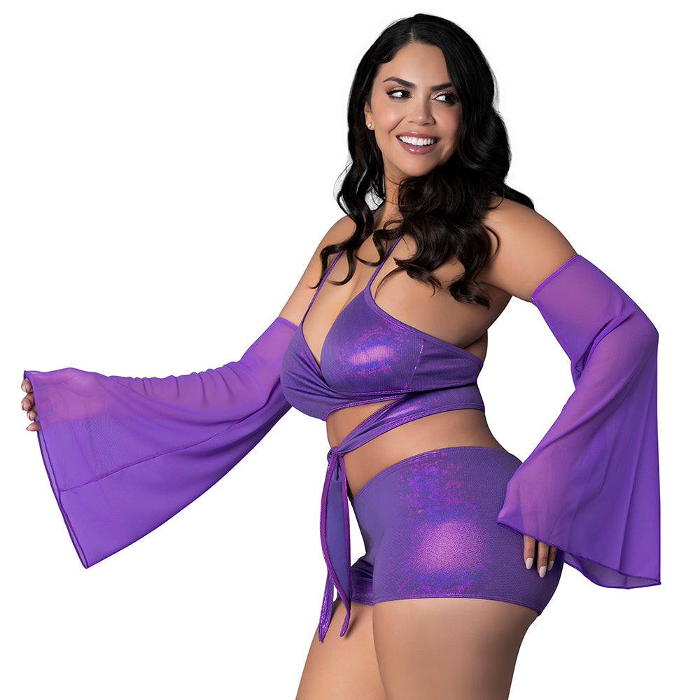Magic Silk Glimmer Wrap Bralette, Booty Shorts & Sleeve Set Purple Disco Queen Size