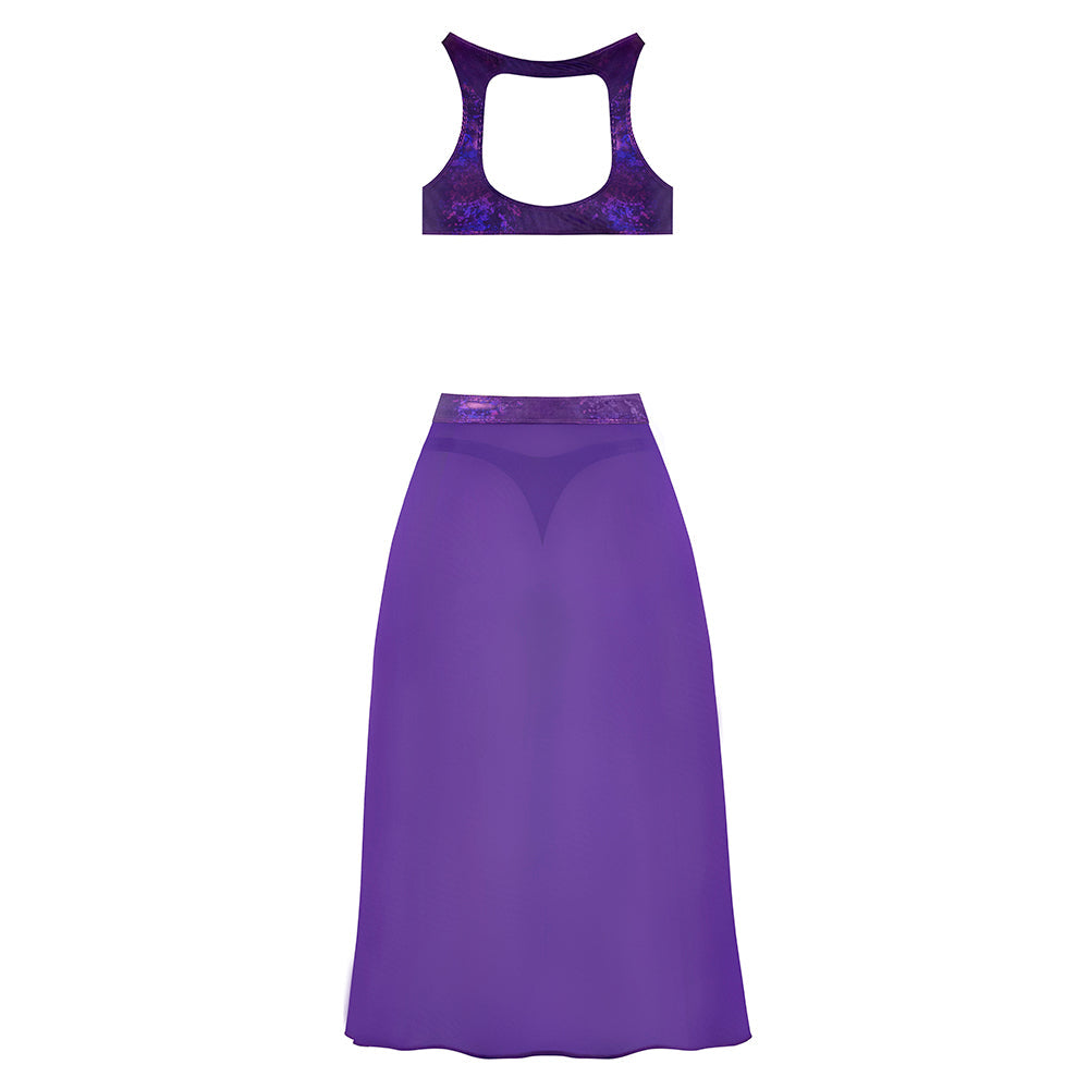 Magic Silk Glimmer High Neck Crop Top, Flowy Skirt & Tanga Set Purple Disco L/XL