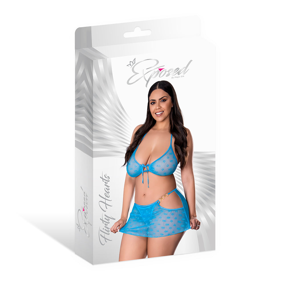 Magic Silk Flirty Hearts Halter Bra, Flutter Skirt & G-String Set Blue Sugar Queen Size