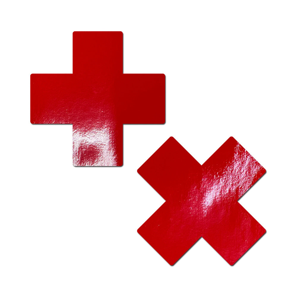 Pastease Plus X: Faux Latex Pleather Vinyl Red Cross Pasties